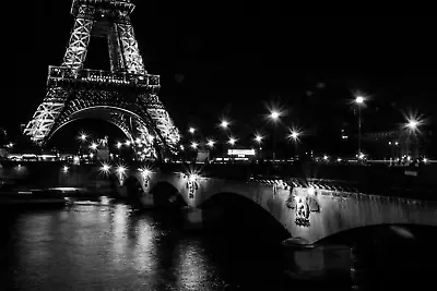 Eiffel Tower Paris France Black And White Night Time Poster 24x36 Inches  • $20