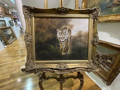 £375 • Buy RARE ORIGINAL OIL PAINTING Tiger Hunting SIGNED In Beautiful GOLD GILT FRAME