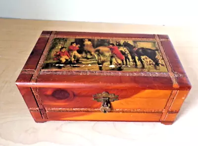 Vintage Carved Cedar Wood Domed  Box Chest Horse Fox Hunt Dogs Scene Mirror • $15