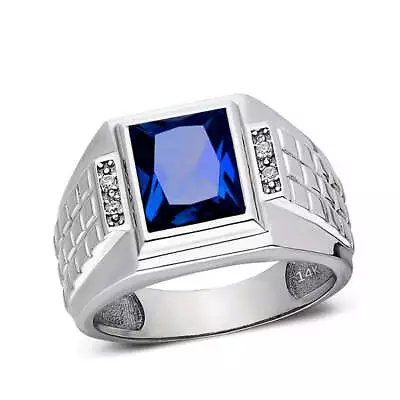 Mens Solid 14K White Gold Sapphire Ring 0.08ct Natural Diamonds Ring For Man • $934