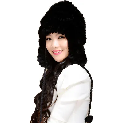 Real Rex Rabbit Fur Hats Women Winter Warm Earmuffs Cap Handmade Cross Striped • $18.69
