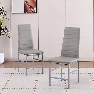 2pcs Grey Faux Leather Dining Chairs Footrest Metal Legs Kitchen Dining Room • £43.69