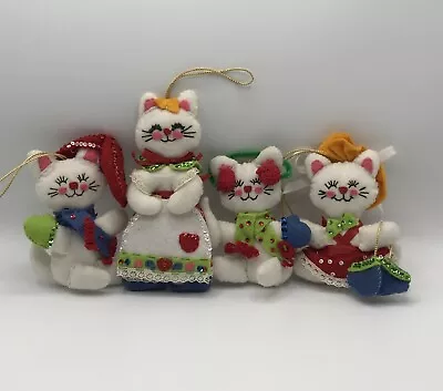 Vintage MCM Handmade Sewn Felt Sequins Cat Kittens Christmas Ornaments Lot Of 4 • $45.99