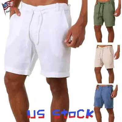 Mens Cotton Linen Shorts Summer Casual Drawstring Loose Chino Short Pants New • $14.99