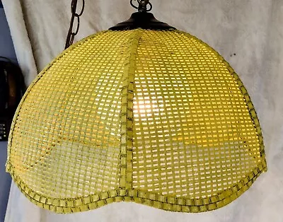 1970s Wicker Shade Hanging Light 18'' MCM Vintage Lamp Fixture Swag Pendant • $99