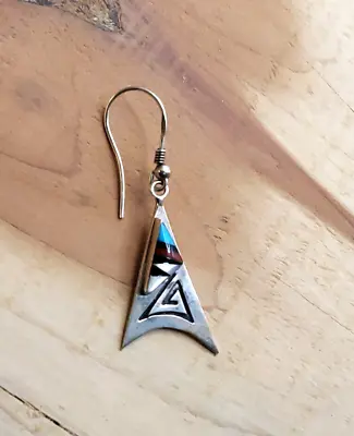 Bedazzling Vintage Navajo Turquoise Coral Inlay Sterling Silver Single Earring • $79