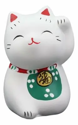 Japanese Lucky Charm Beckoning Cat White Maneki Neko With Baby Bib Mini Figurine • $12.49