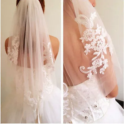 RULTA Short 1T White Ivory Bridal Veil With Comb Lace Applique Crystal Wedding J • £6.99