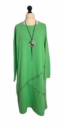 Italian Lagenlook Green Rivet Trim Long Sleeve Dress - UK Sz 14 16 18 • £14.99