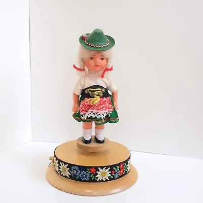 Vintage Cuendet Music Box Swiss Dirndl Dress Girl Doll Brahms Lullaby 5249 Wood • $42