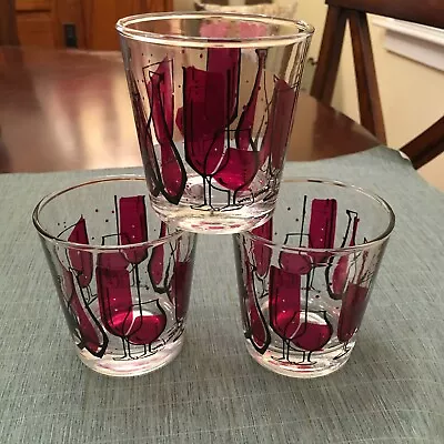 Vintage WILLIAM JANERI Set Of 3 Lowball Rocks MCM RED Barware Glasses EXCELLENT! • $44.50