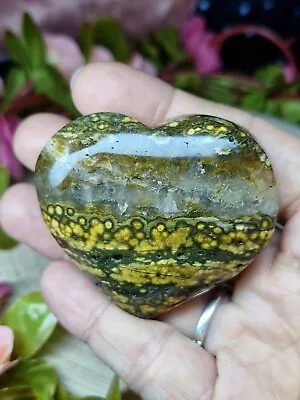 Beautiful Druzy Orbicular Ocean Jasper Heart Carving 93g 5.7cm OJ • £16