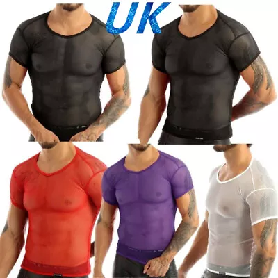 UK Mens Mesh See Through Nightclub Dancing Tank Vest T-Shirt Fishnet Muscle Tops • £8.39