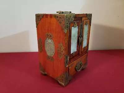 Vintage Chinese Rosewood Jewelry Box - Brass Accents - Inlaid White Jade Decor • $79.99