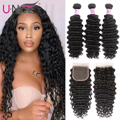 UNice Malaysian Deep Curly Wave 3 Bundles Human Hair Extension With Lace Closure • $171.72