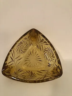 Vintage Ashtray Amber Glass  Triangle Shaped Starburst Pattern Mcm 7  • $15