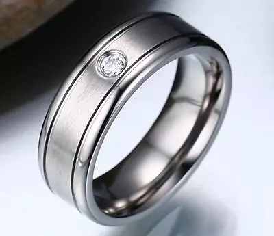 Men's Titanium Silver Satin Finish Center CZ Comfort Fit Wedding Ring & Band 7mm • $11.98