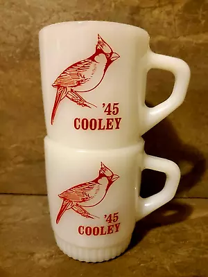 VTG Pair Of FIRE KING Anchor Hocking Milk Glass 1945 Coffee Mugs Cardinal Bird • $4.99