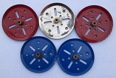 5 X Vintage Meccano 19b Pulley 3  With Boss - 1 Nickel 2 Red 2 Blue Spares Used • £9.99