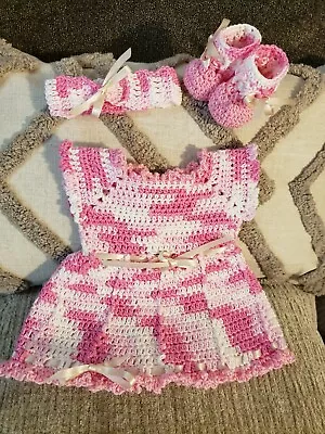 Pink& IvorhHand Crocheted Dress Outfit Preemie To Nb.  • $29.99