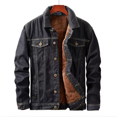 Men Winter Warm Fleece Lined Denim Jacket Coat Trucker Fur Collar Button Top US • $75.90