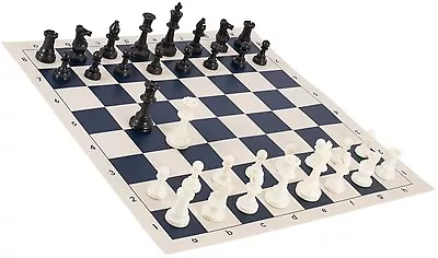 Black & White Chess Pieces & 20  Blue Vinyl Board - Single Weighted Chess Set • $22.95