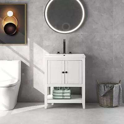 24 White Modern Bathroom Vanity Elegant Ceramic Sink With Frame Open Style Shelf • $292.07