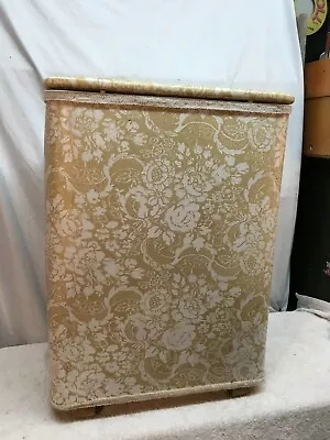 Vintage Mid Century  Gold Floral  Hamper Laundry Basket  Vinyl Lid  • $148.50