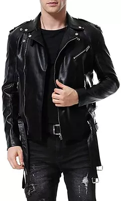 AOWOFS Men's Faux Leather Jacket Double Belt Punk Motorcycle Zip Slim Fit Biker  • $117.40