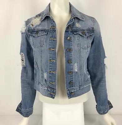 Maxim Denim Jacket Size 8 Ripped Distressed Button Front Medium Wash Classic • $19