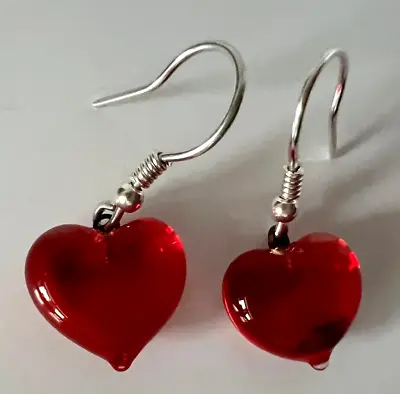 Murano Glass Handcrafted Unique Jewelry 925 Sterling Silver Red Heart Earrings • $24.90