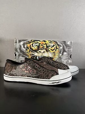 Ed Hardy Womens 11 Laceless Sneakers Black Gold Grunge Goth Slip On Canvas • $20.79