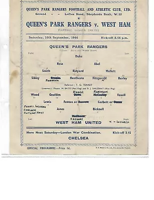 Qpr Queens Park Rangers V West Ham 1944/45 War League South • £20