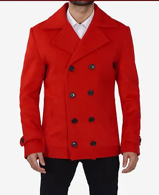 Double Breasted Wool Red Pea Coat Men - New Arrival - Christmas Sale • $99.99