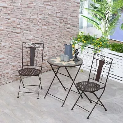 Outsunny Metal 3 Piece Patio Bistro Set Mosaic Round Table 2 Chairs Foldable • £213.95