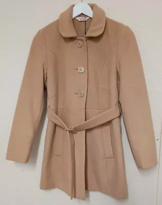 Women's MISS SELFRIDGE Petites Short Beige Belted Coat Size 10 Cg W26  • £8.50