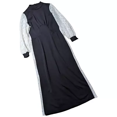 Vintage 1960s Black White Lace Sleeve Color Block High Neck Mod Maxi Dress 14 • $79