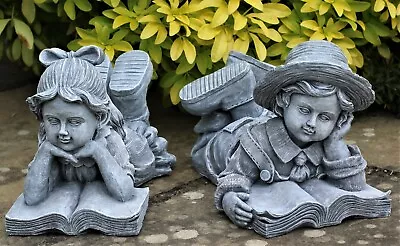Garden Ornaments Boy Girl Cherub Lying Reading. Large 33cm Sculpture Decor • £14.50