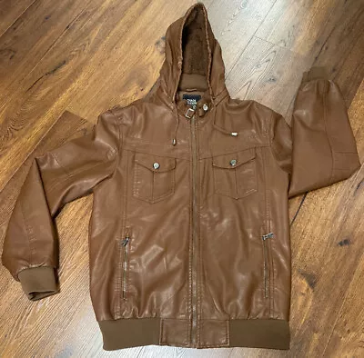 Mens Leather Jacket Hoodie Fleece Lined Coat Brown Sz (EG) XL Chaos Crucker Faux • $29.99