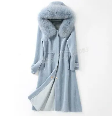 Womens Real Sheepskin Lamb Fur Coat Hooded Shearling Jacket Parka Coat Mid Long • $82.02