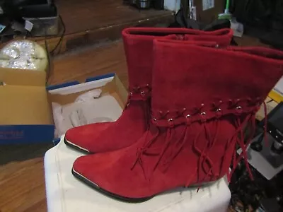 Ladies Oak Tree Farms High Top Red Zip Up Red Swede Boots U.s. 8.5 Fringe Extras • $59.99