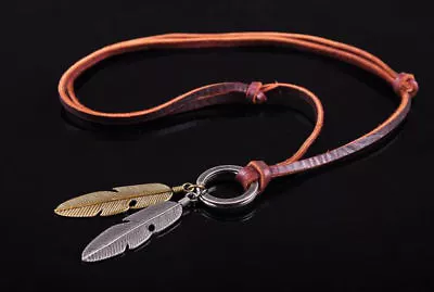 N151 Cool Casual Mens Surfer Beach Choker Necklace Leather 2-Tone Leaf Pendant • $8.52