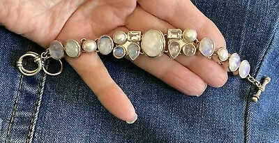 BEAUTIFUL STARBORN Signed Moonstone Pearl Etc Sterling SilverBracelet 7”-8” Adj. • $125