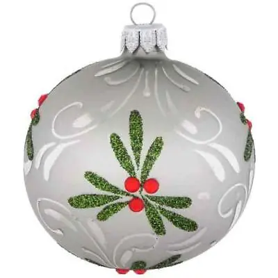 8cm GRAY SATIN MISTLETOE HOLLY BALL EUROPEAN BLOWN GLASS CHRISTMAS ORNAMENT 295 • $18.95