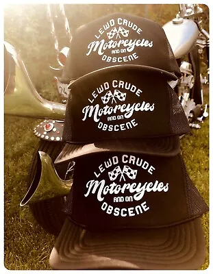 LEWD CRUDE OBSCENE & ON MOTORCYCLES Classic 50's Biker Trucker Hat Bobber Chop • £13.48