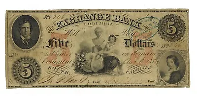 1854 Columbia South Carolina EXCHANGE BANK $5 Obsolete Currency W/Miss. Stamp • $95