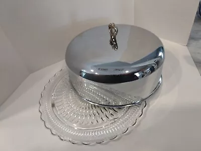 Cake PlateChrome Cover Dome Lidded Glass Carrier Server Vintage Retro • $34.99