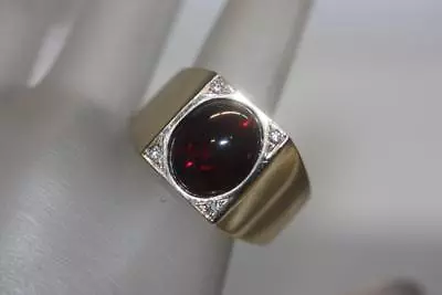 Vintage 14K Yellow Gold Oval Red Stone Cabochon Ring W/ Genuine Diamond Accents • $595