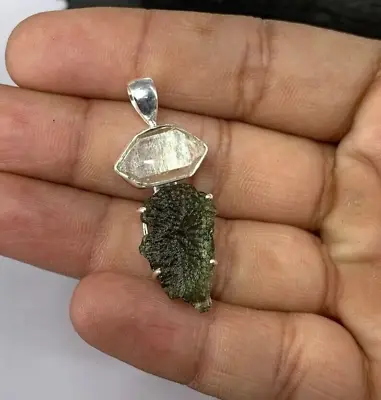 Natural Czech Moldavite & Herkimer Pendant 925 Sterling Silver Handmade Jewelry • $37.80