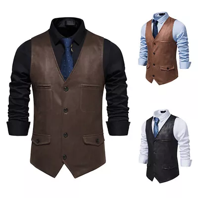 Men's Casual Vests Retro Suede Suit Vest Single Breasted Formal Waistcoat Gilet • $28.23
